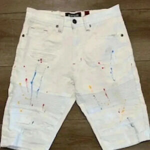 Makobi‎ Distressed Paint Splatter White Denim Jean Shorts Mens Sz 30 EUC